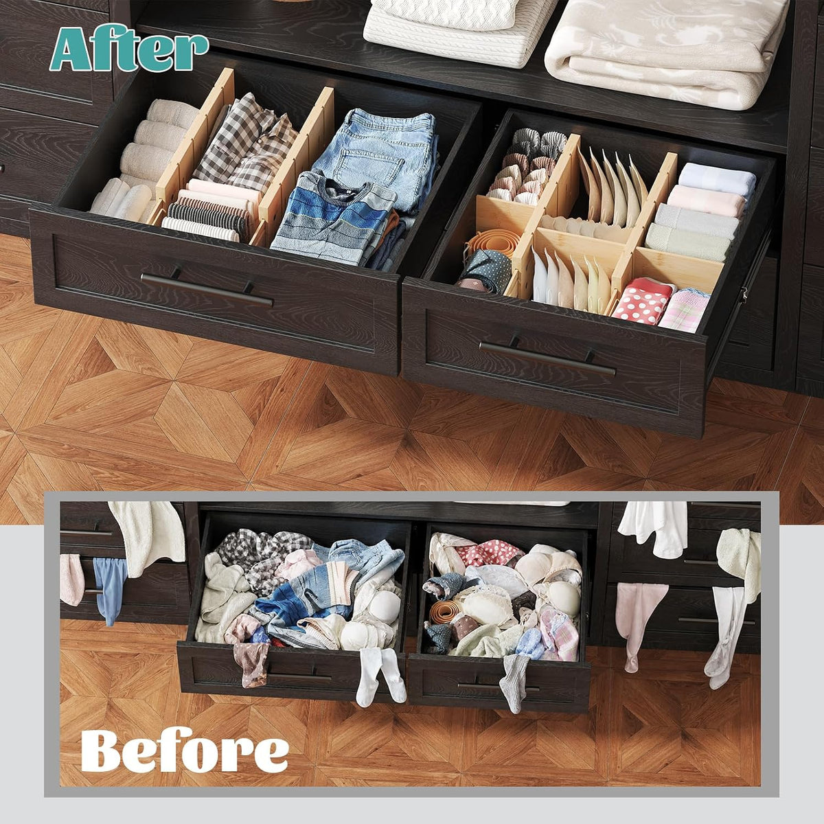 Bamboo Drawer Dividers 4 Pack, Adjustable 13.7-18.8in Dresser Organizer