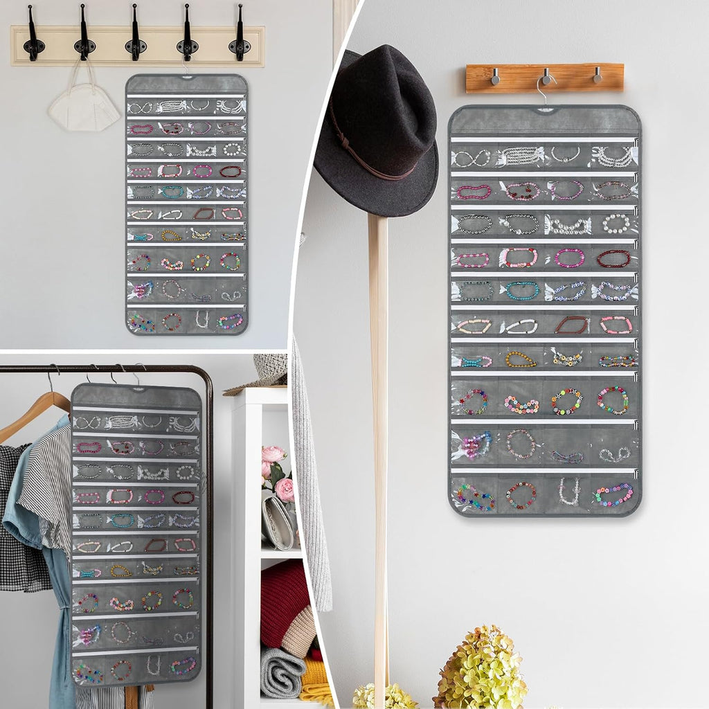 SynHHergyx 2 Pack Zippered Pocket Hanging Jewelry Organizer Dual-Sided Zipper Jewelry Holder Hanging Storage Organizer for Holding Earrings Bracelets Rings, Each with 80 Zippered Pockets