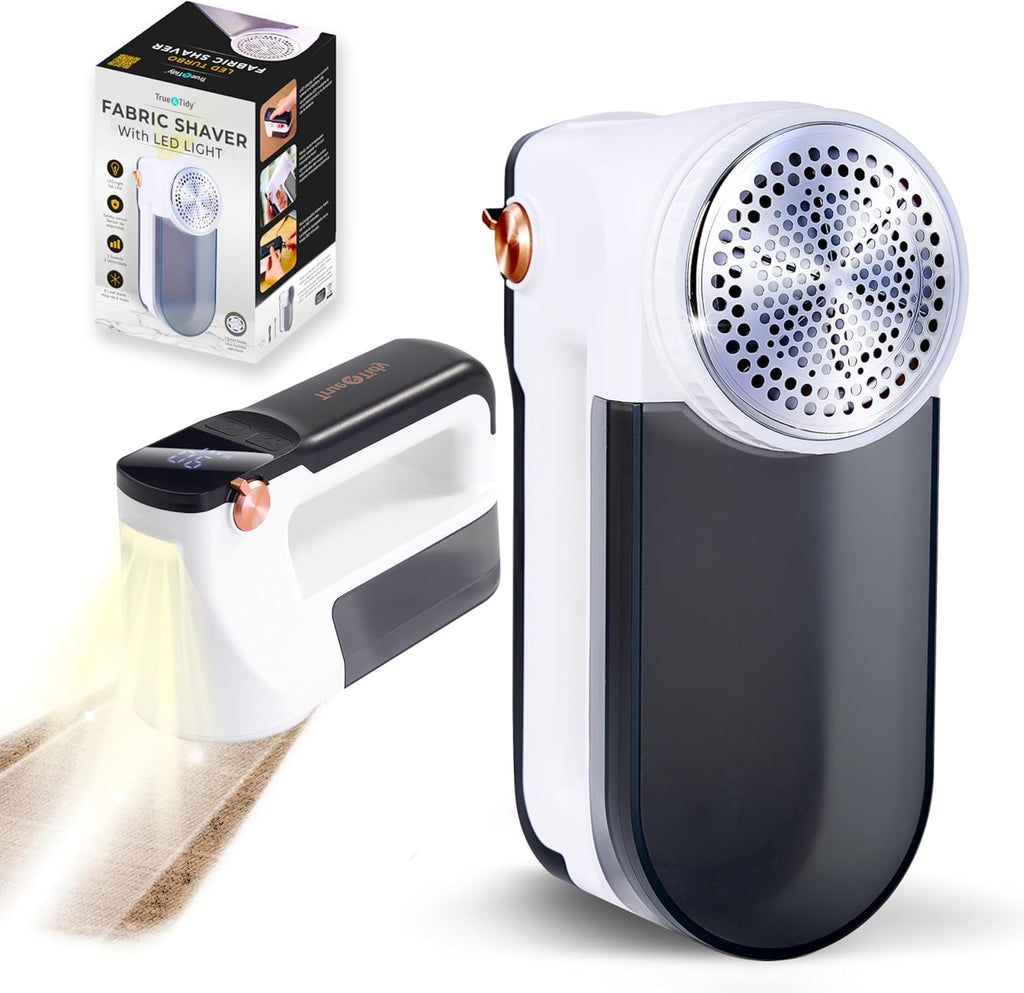 True & Tidy XL Rechargeable Fabric Shaver & Lint Remover w/Built-in Light, Sweater Defuzzer with 3 Speeds, Replaceable 6 Leaf Steel Blades, XL Lint Bin, Mini Brush for Cleaning, up to 3+ Hours of Use