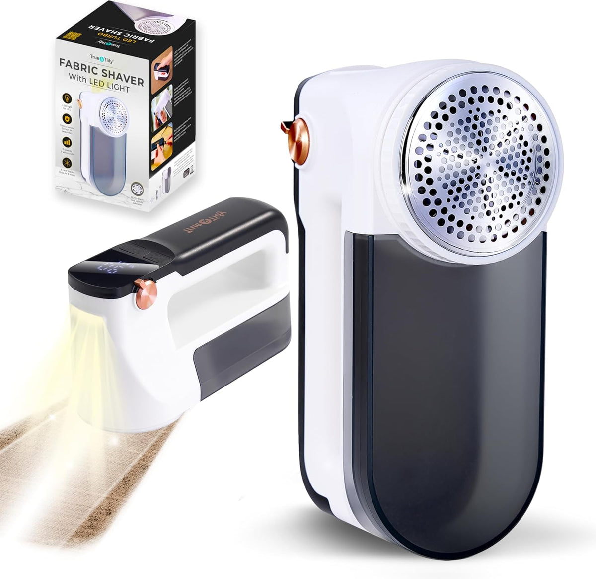 True & Tidy XL Rechargeable Fabric Shaver & Lint Remover w/Built-in Light, Sweater Defuzzer with 3 Speeds, Replaceable 6 Leaf Steel Blades, XL Lint Bin, Mini Brush for Cleaning, up to 3+ Hours of Use