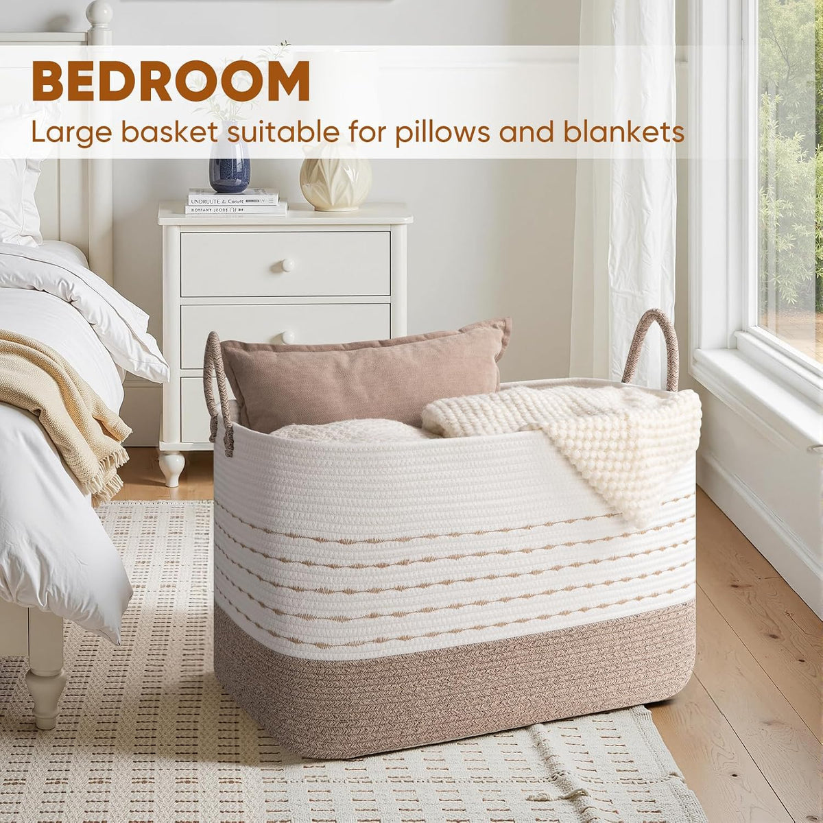 OIASKET XXL Large Blanket Basket for Living Room, 108L Woven Storage Baskets for Organizing, Rectangle Cotton Rope Basket Toy Chest With Handles--Brown & White