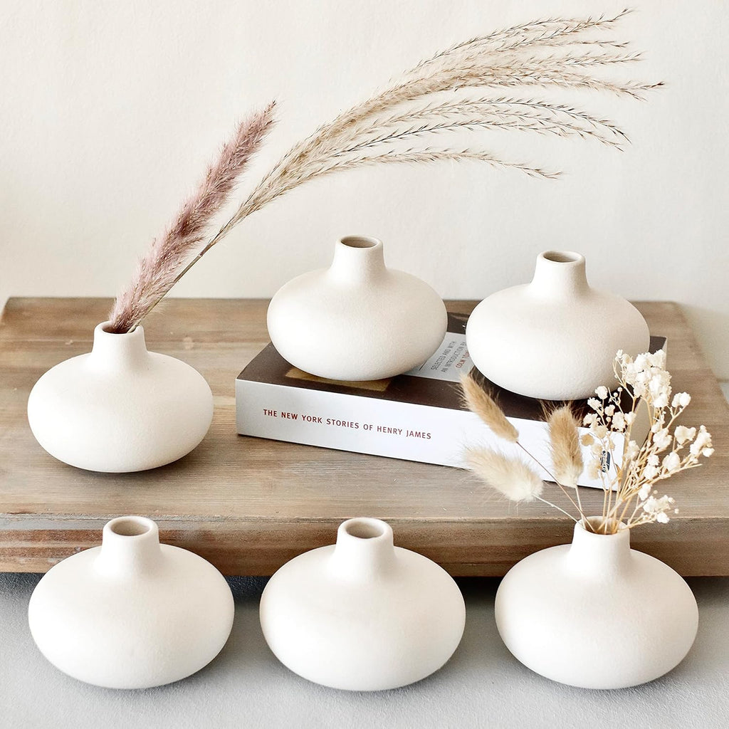 Carrot's Den Small White Ceramic Bud Vase Set of 6, Nordic Minimalist