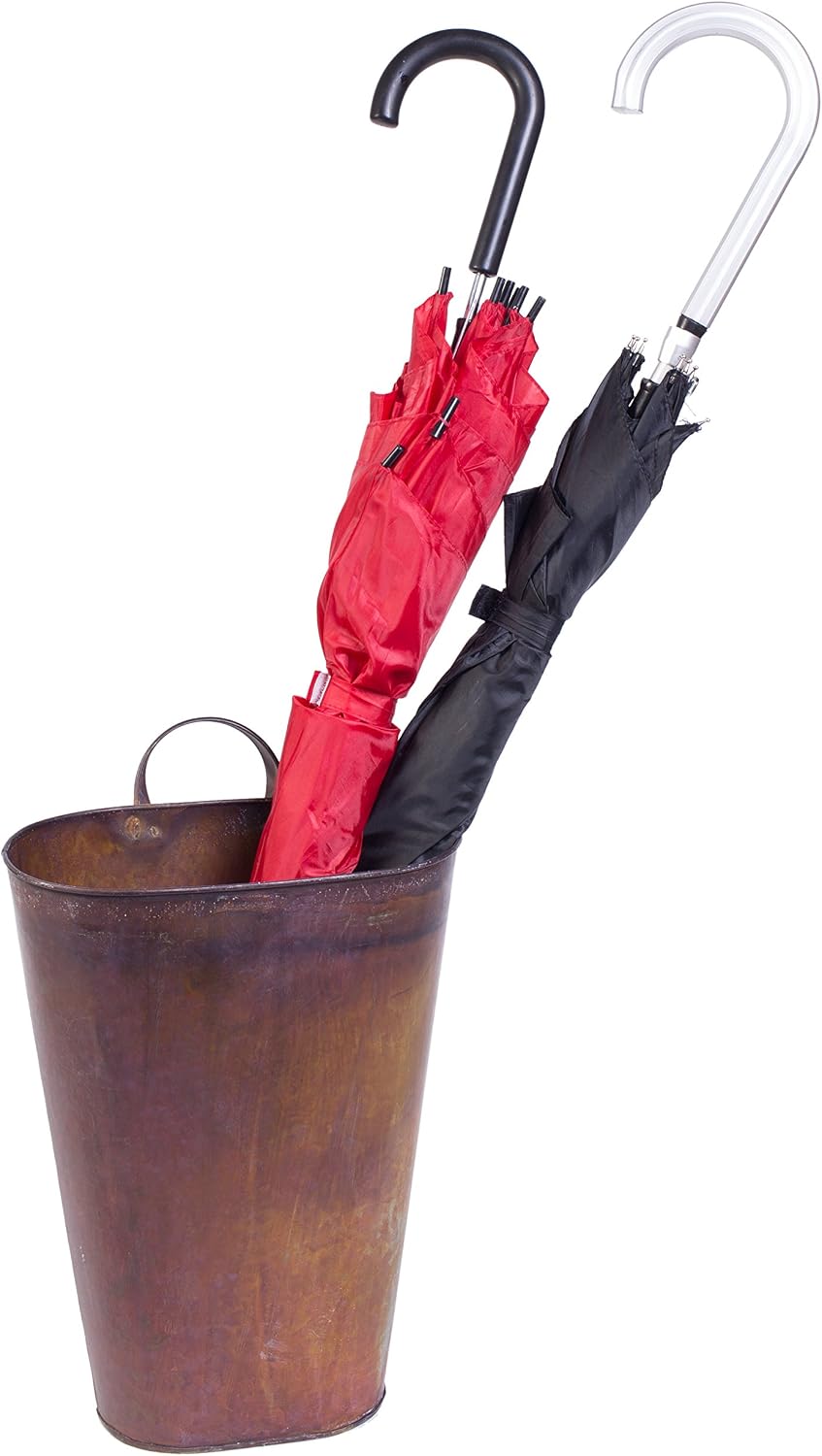 Red Co. 15.5” Farmhouse Galvanized Metal Floor-Standing & Wall-Hanging Umbrella Bucket with Handle, Rusted Brown