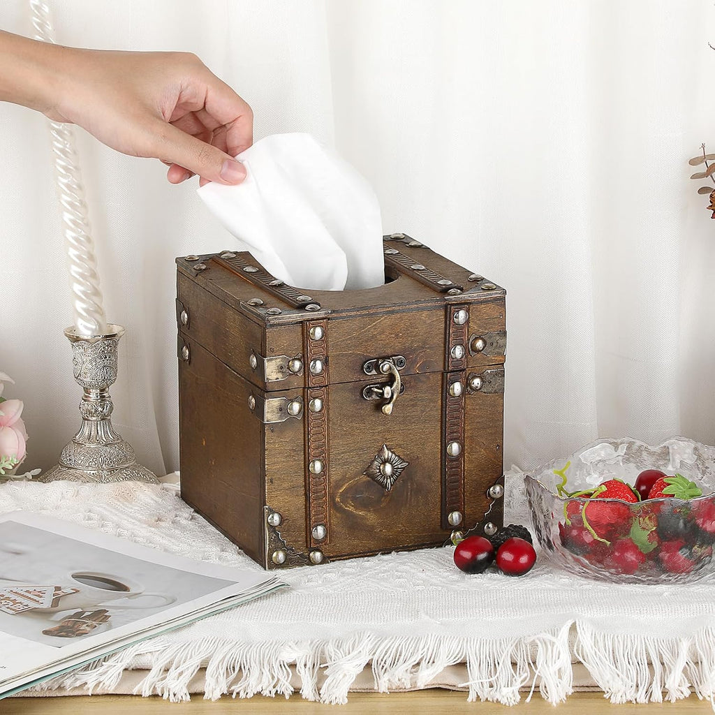 Sumnacon Tissue Box Retro Wood Square Tissue Box Cover Vintage Cube Tissue Box Holder,Decorative Tissue Holder for Bedroom Bathroom Toilet Table Desk Car Store Office Home,Brown