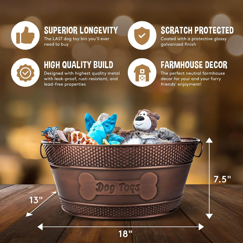 BREKX Copper Metal Pet Storage & Dog Toy Bin w/ Handles, Indestructible