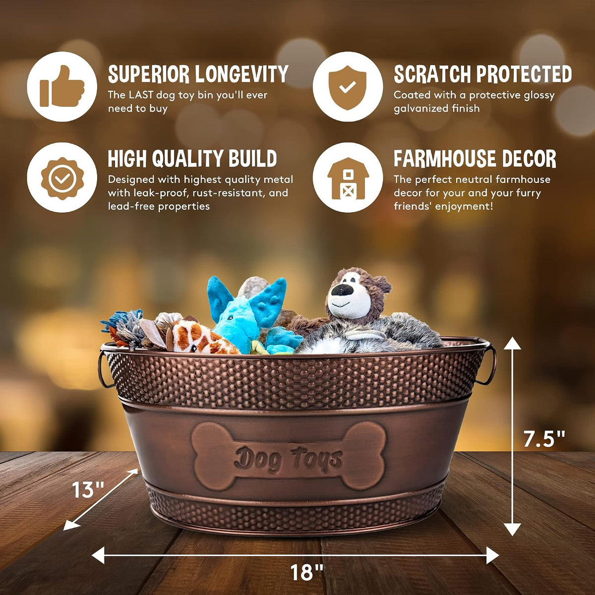 BREKX Copper Metal Pet Storage & Dog Toy Bin w/ Handles, Indestructible