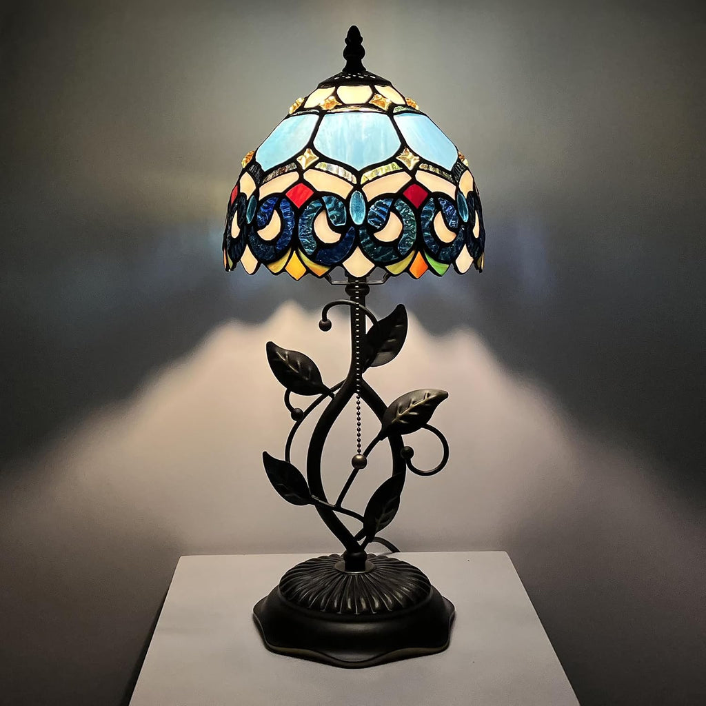 Tiffany Style Stained Glass Table Lamp Blue Jewelry Baroque 18 Inch