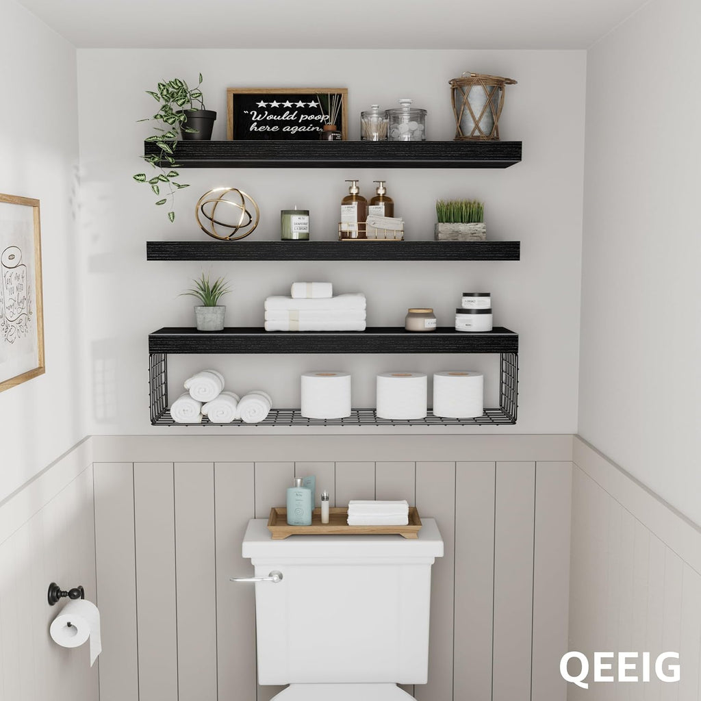 QEEIG Bathroom Shelves Over Toilet Wall Mounted (Black, Set of 3, 31.5")