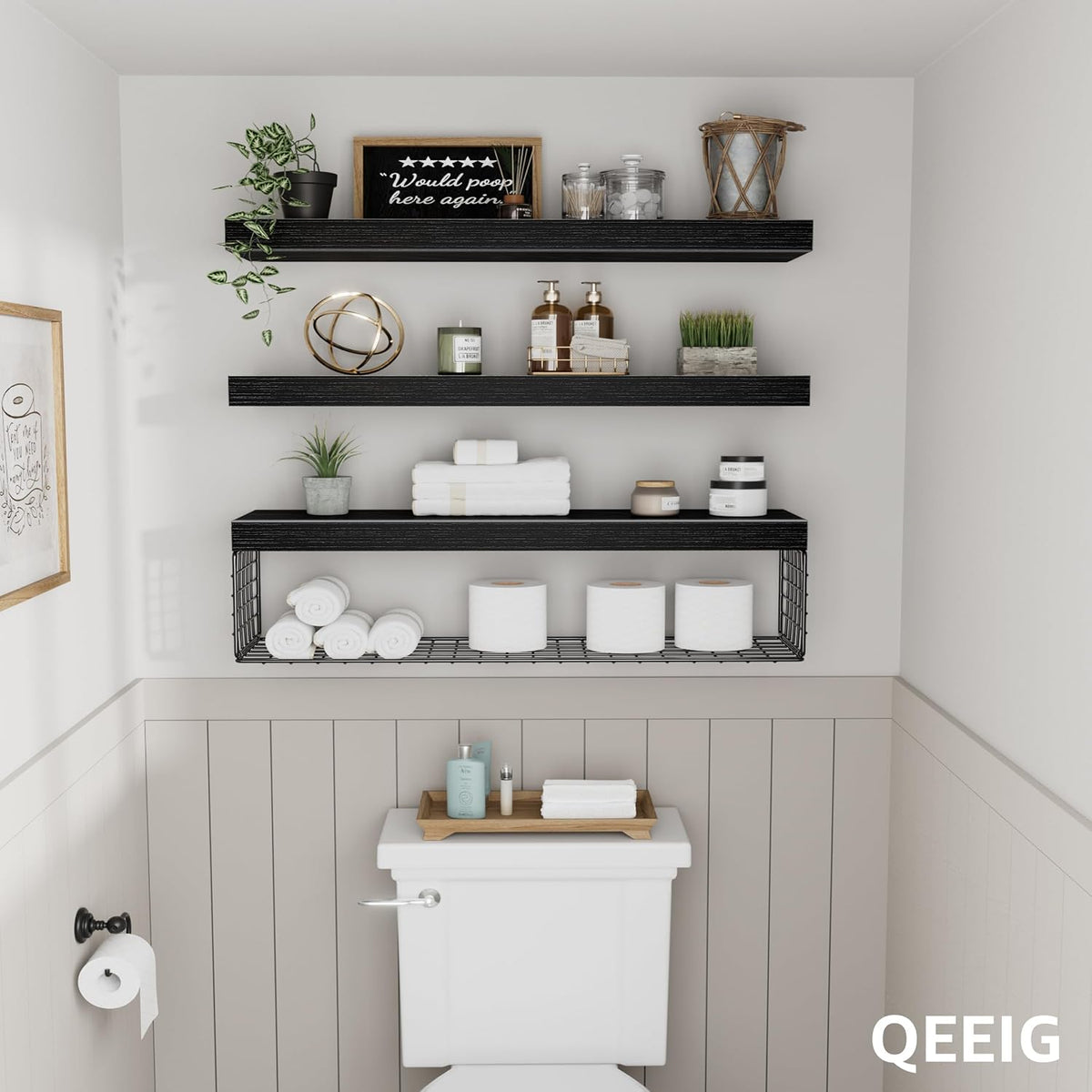 QEEIG Bathroom Shelves Over Toilet Wall Mounted (Black, Set of 3, 31.5")