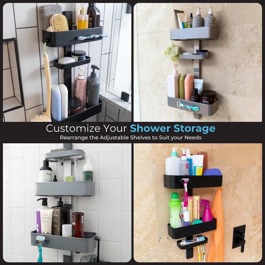 ShowerSMART Shower Caddy, Adjustable Shelves, Magnetic Hooks, Graphite