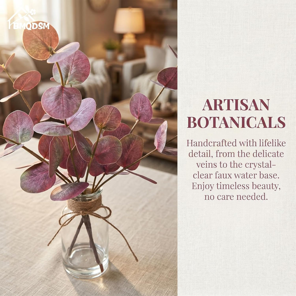 Artificial Eucalyptus Stems in Glass Vase with Faux Water,13.5" Fake Plants for Bathroom Shelf Decor, Farmhouse Centerpieces for Tables, Small Desk Plants for Home Office Decor (Purple)