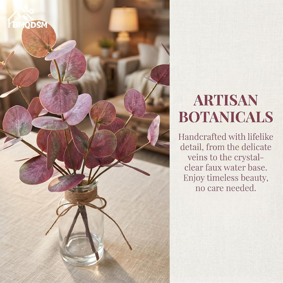 Artificial Eucalyptus Stems in Glass Vase with Faux Water,13.5" Fake Plants for Bathroom Shelf Decor, Farmhouse Centerpieces for Tables, Small Desk Plants for Home Office Decor (Purple)
