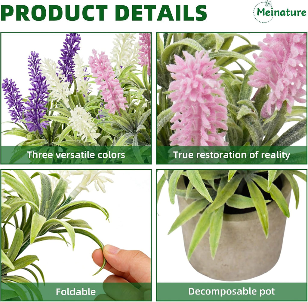Artificial Lavender Flowers in Pot Set of 3, Fake Flowers Potted Plants for Home Decor Indoor, Small Faux Lavender Purple Pink White for Table Bedroom Bathroom Office