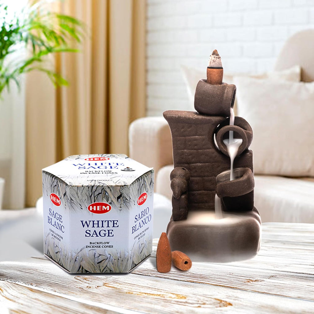 HEM White Sage Backflow Incense Cones – Pack of 40 Brown Cones | Long-Lasting Natural Aroma for Positivity, Cleansing & Meditation | Wood Powder Aromatherapy for Stress Relief & Air Purification