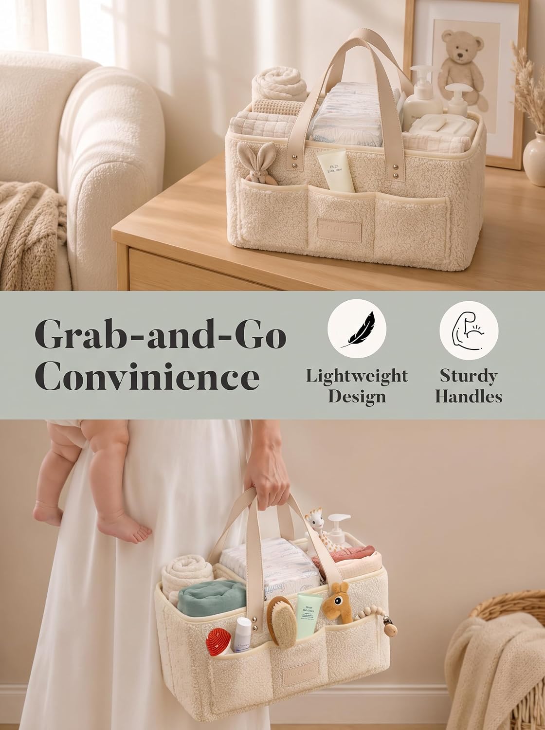 Baby Diaper Caddy Organizer with Waterproof Changing Pad, Beige