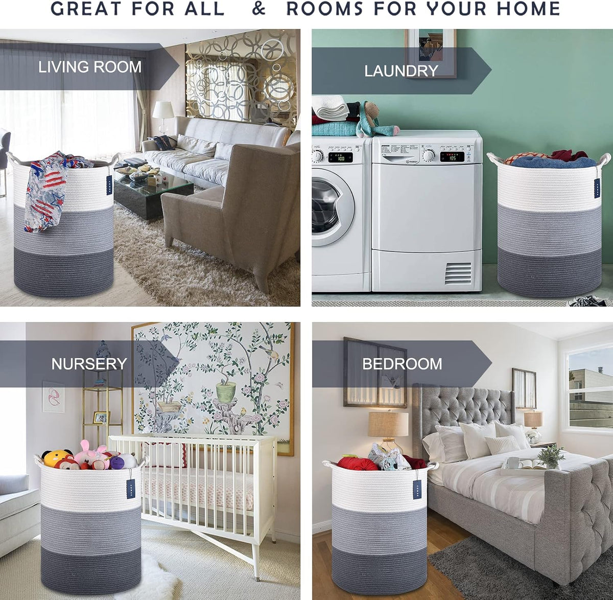 COMSE Laundry Hamper, Extra Large 15.7"x 21.7", Cotton Rope Basket, Portable, White & Light Gray & Dark Gray