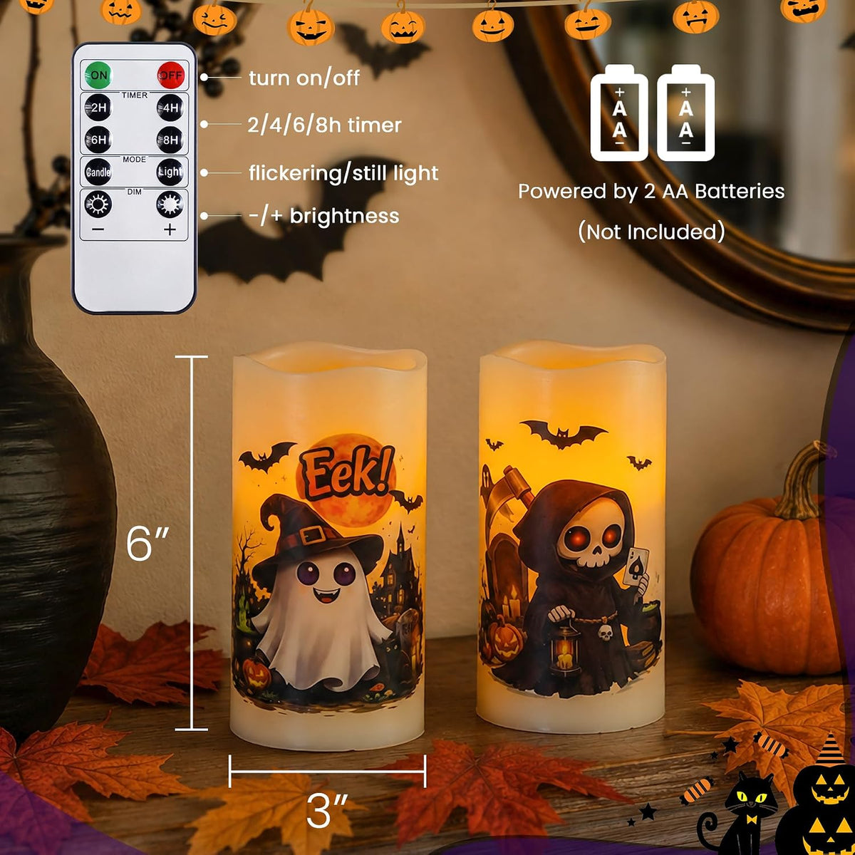 Pack of 2 Real Wax LED Ivory Flickering Flameless Candles with Remote, 2/4/6/8H Timer Long Lasting Battery Operated 3" x6"Pillar Electric Warm Glow Ghostly Skull for Halloween Home Decor