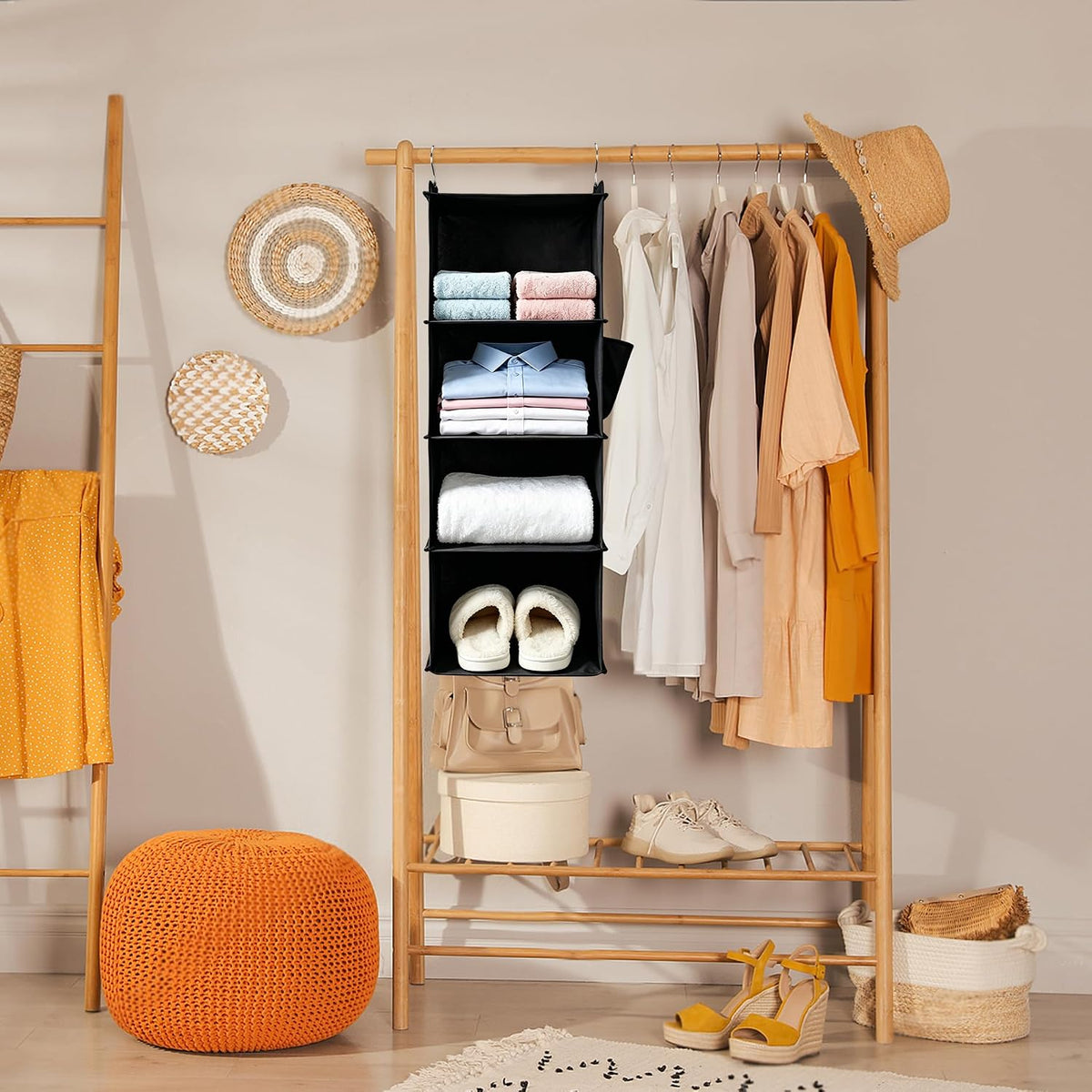 Hanging Closet Organizer and Shelves,4 Shelves with 1 Side Pockets (Beige)