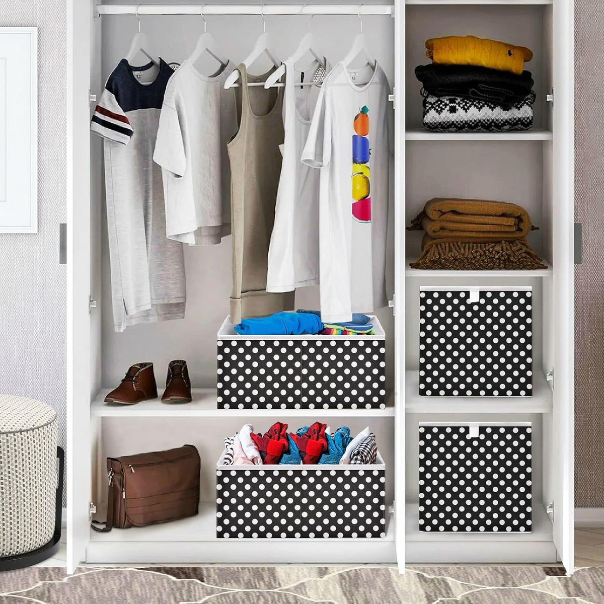 CaTaKu Polka Dots Cube Storage Bins for Organization, Rectangular Fabric Black and White Storage Cubes Storage Bins for Cube Organizer Foldable Storage Baskets for Shelves Living Room