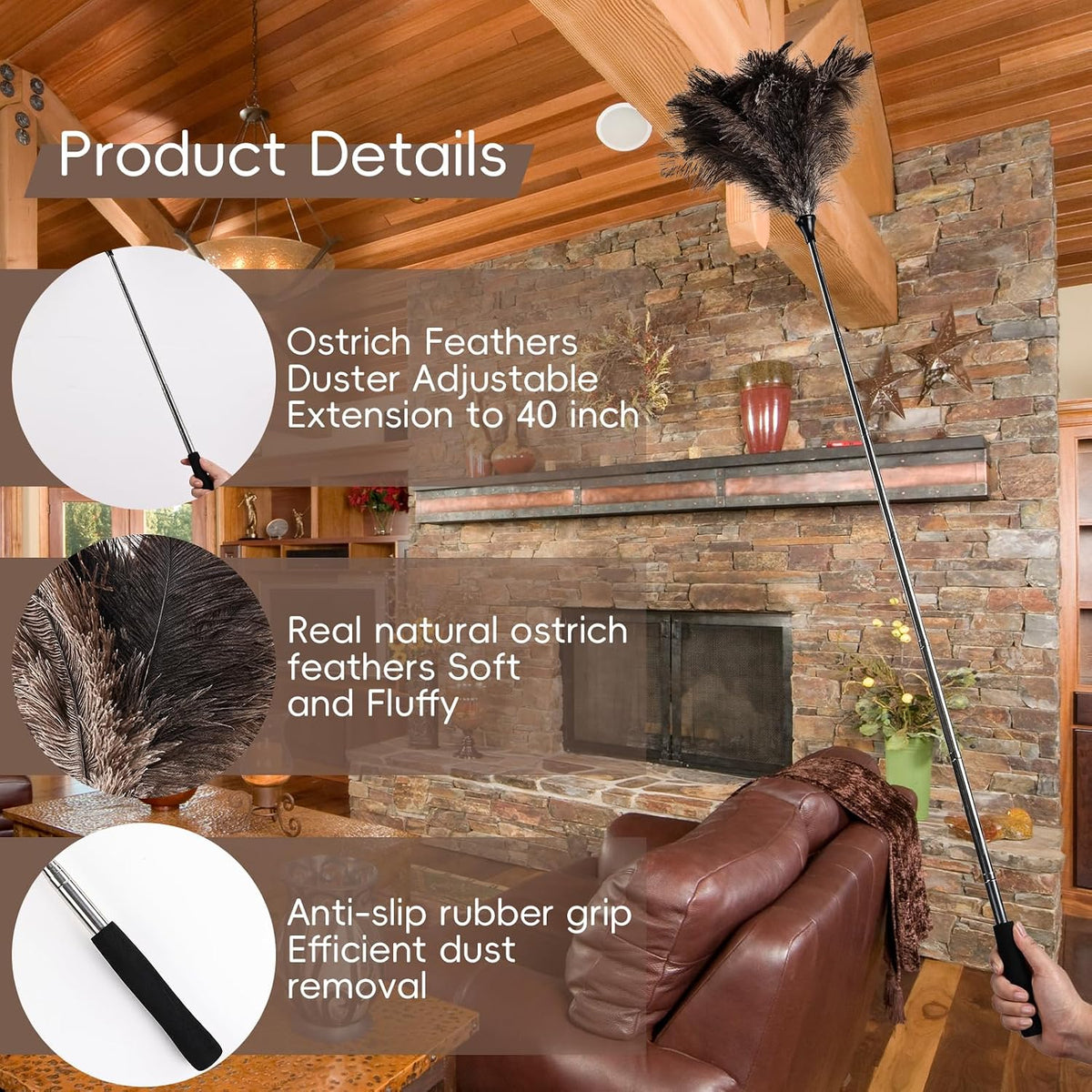 THARAHT Extendable Ostrich Feather Duster up to 16-47 inches Fluffy Feathers Long Handle Reusable for Cleaning Ceiling Fan Pendant lamp High Ceiling Blinds Furniture Feather Duster