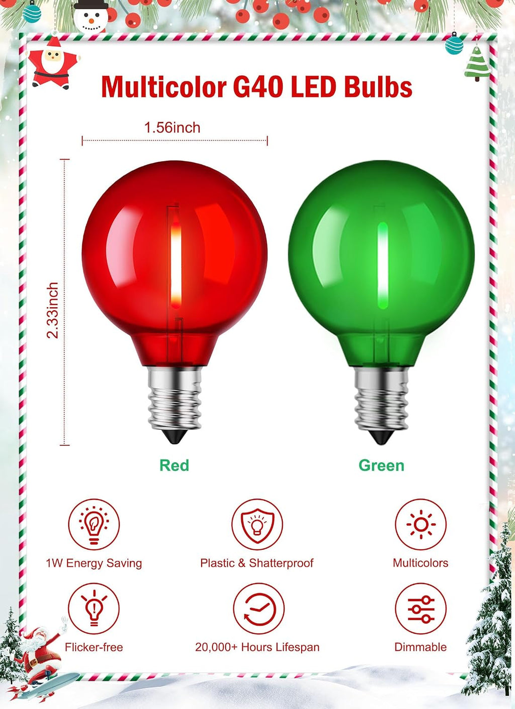 Brightown G40 Christmas Light Bulbs, 25 Pack LED Bulbs, Red & Green