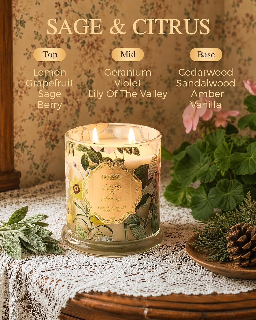 M&SENSE Sage Citrus Non Toxic Large Soy Candle, 12.7oz Aromatherapy Scent