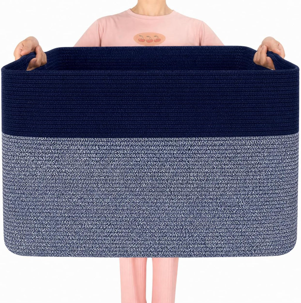 MINTWOOD Design 112L Extra Large Blanket Basket Holder Living Room, 25"x17"x16" Rectangle Rope Woven Storage Basket with Handles for Laundry, Towels, Shoes, Dog Toy Organizer Bin Box, Navy Blue