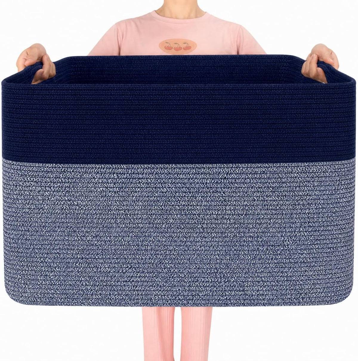 MINTWOOD Design 112L Extra Large Blanket Basket Holder Living Room, 25"x17"x16" Rectangle Rope Woven Storage Basket with Handles for Laundry, Towels, Shoes, Dog Toy Organizer Bin Box, Navy Blue