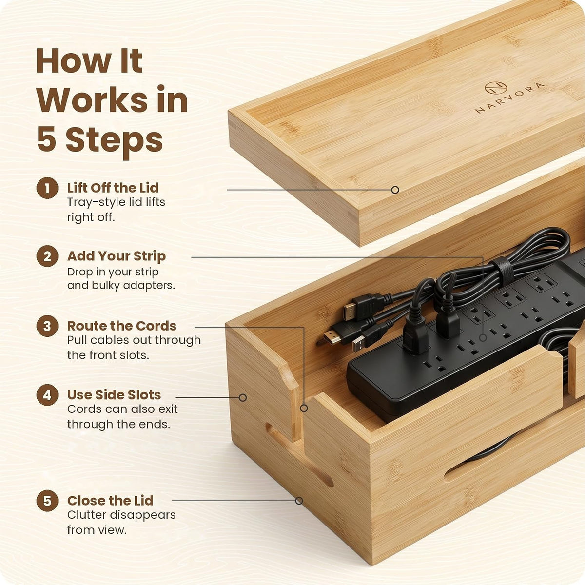 Bamboo Cable Management Box, Large 13.4” Wooden Cord Organizer Box