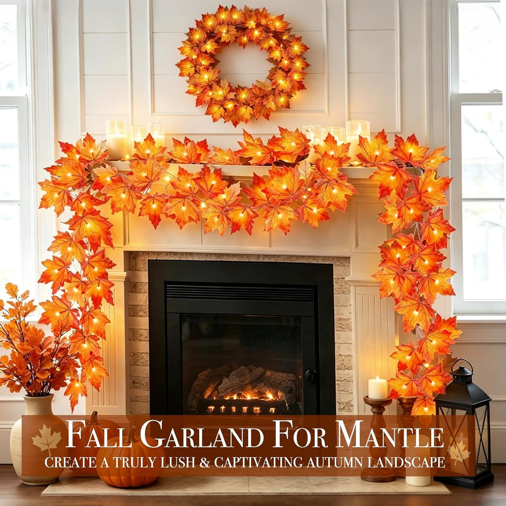 Thanksgiving Decor 2 Pack Fall Garland with Lights Enlarged Maple Leaves