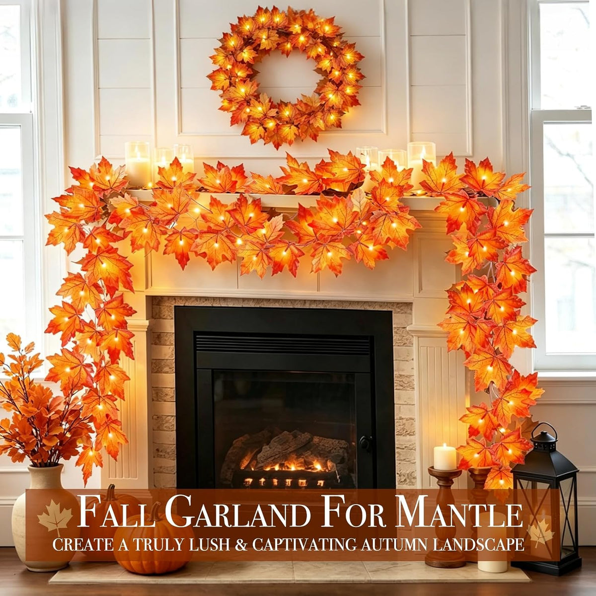 Thanksgiving Decor 2 Pack Fall Garland with Lights Enlarged Maple Leaves