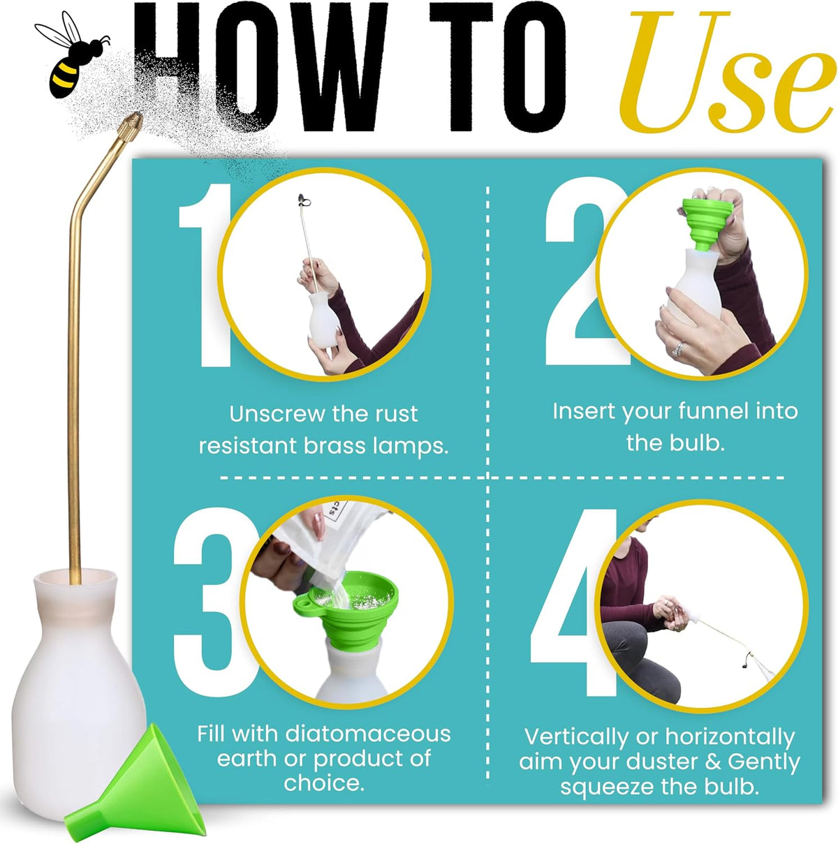 Bizzy One Bulb Duster Sprayer (8 oz) — Diatomaceous Earth Bulb Duster with Powder Applicator — Eco-Safe Garden Sprayer Bulb for Indoor and Outdoor Crawler Treatment