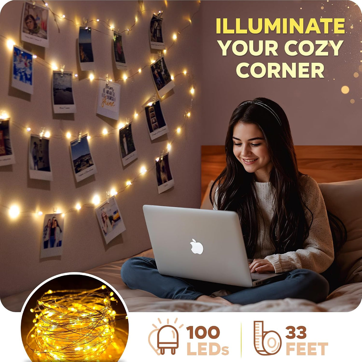 Mind-Glowing Photo Clip String Lights, Warm White (100 LED, 33 ft)