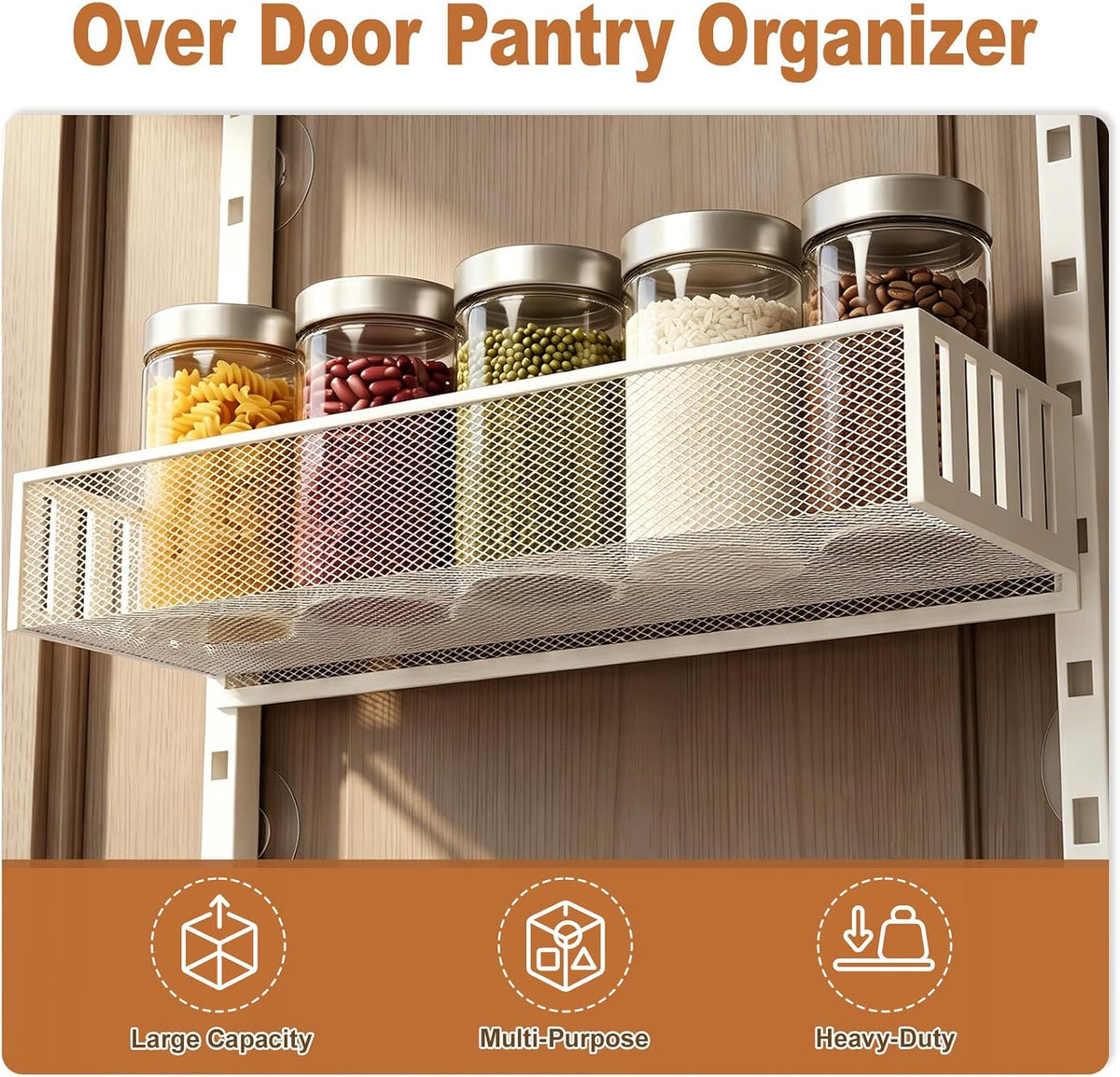Over the Door Pantry Organizer, 8-Tier Heavy-Duty Door Spice Rack with Mesh Baskets, Height Adjustable & Anti-Swing Design, Pantry Door Organizers and Storage for Kitchen, Bathroom