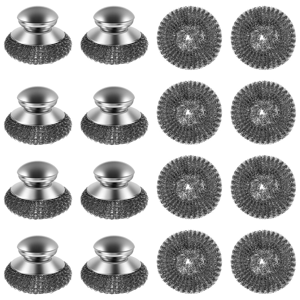 16 Pack Steel Wool Scrubber with 8 PCS Replacement Wire Pads Set, Replaceable Steel Pot Scrubber, Non Scratch Dish Sturdy, for Cleaning Pots, Pans, Grills, Sink