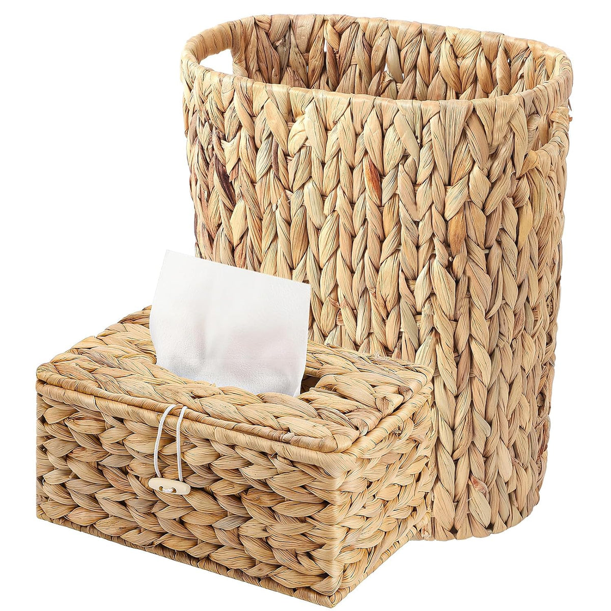 Wicker Trash Can and Rectangle Tissue Box Cover, 4 Gallon Water Hyacinth Bathroom Trash Can, Handwoven Napkin Holder, Narrow Small Waste Basket, Rustic Decorative Home Set for Bedroom,Bathroom,Office