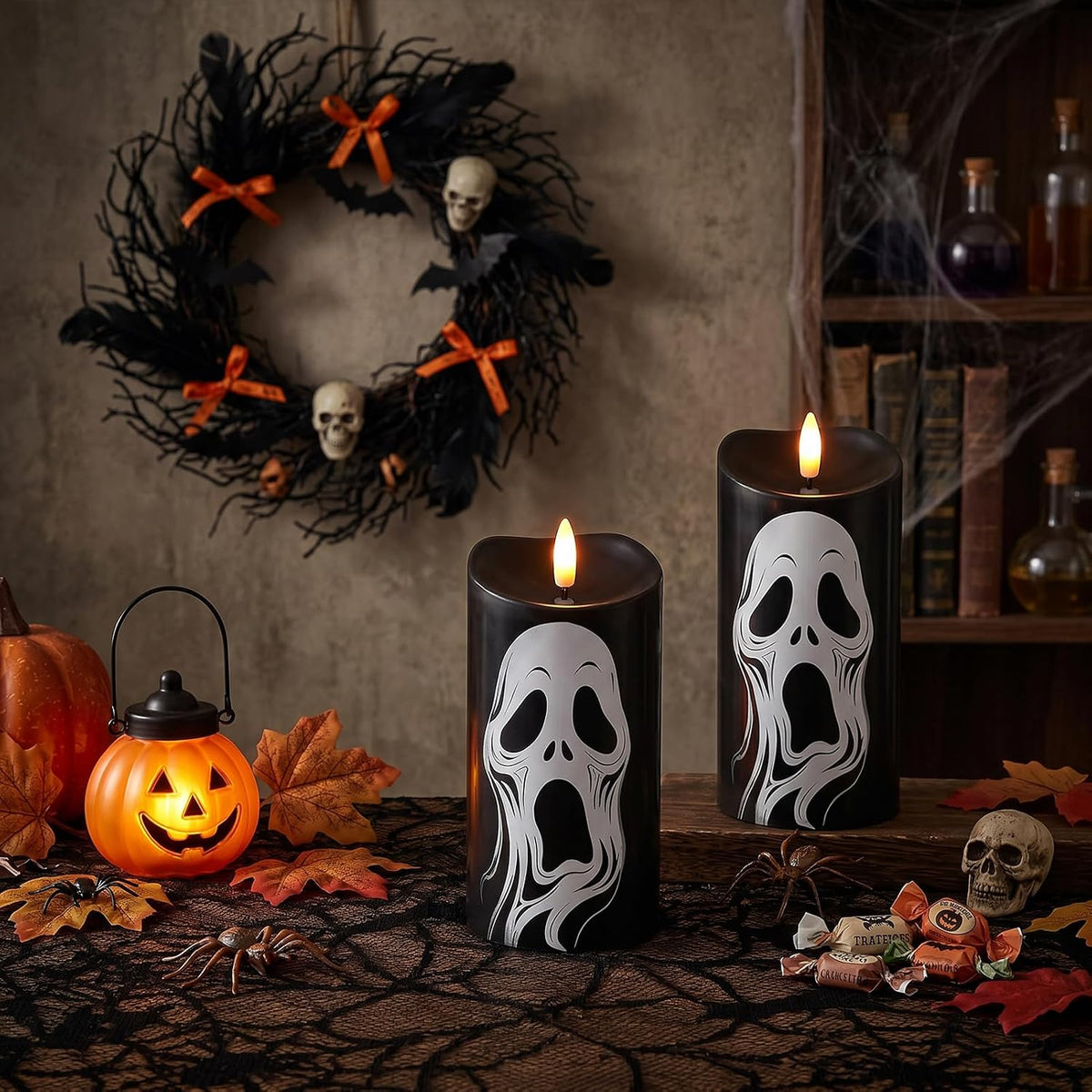 Halloween Black Flameless Pillar Candles with Ghost Decals, 2PCS