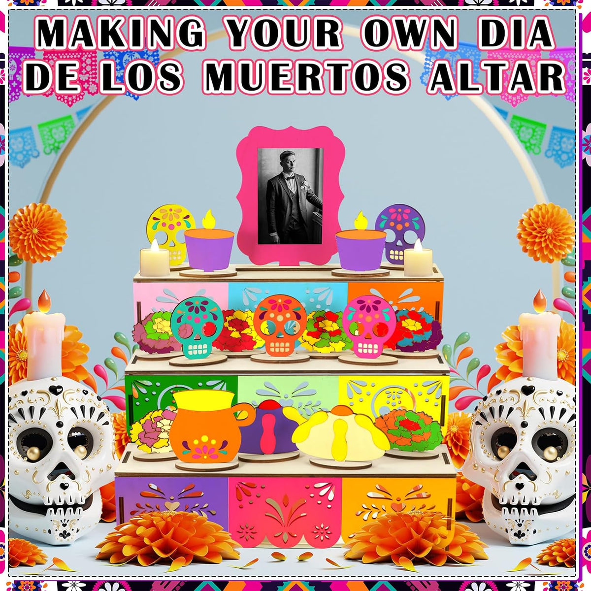 Geelin Dia De Los Muertos Ofrenda Altar Wooden Shadow Box, Traditional