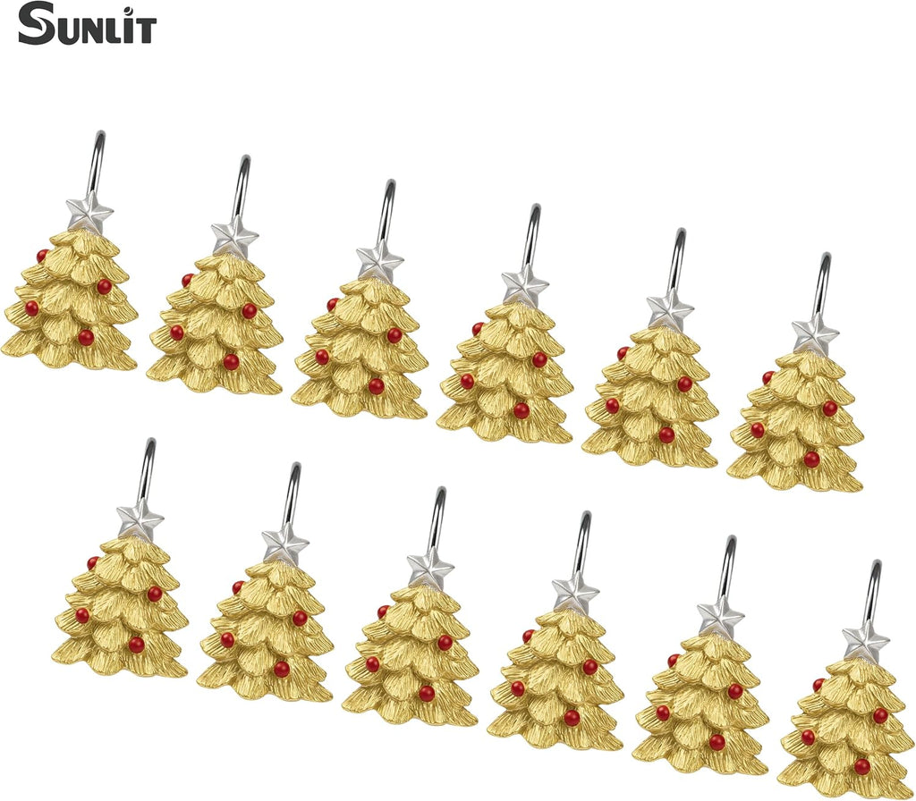 Sunlit Gold Christmas Tree Decorative Shower Curtain Hooks with Star, Shower Curtain Rings, Resin, Xmas Theme Winter Holiday Bathroom Decoration, Set of 12, Golden Tree with Red Balls Ornaments