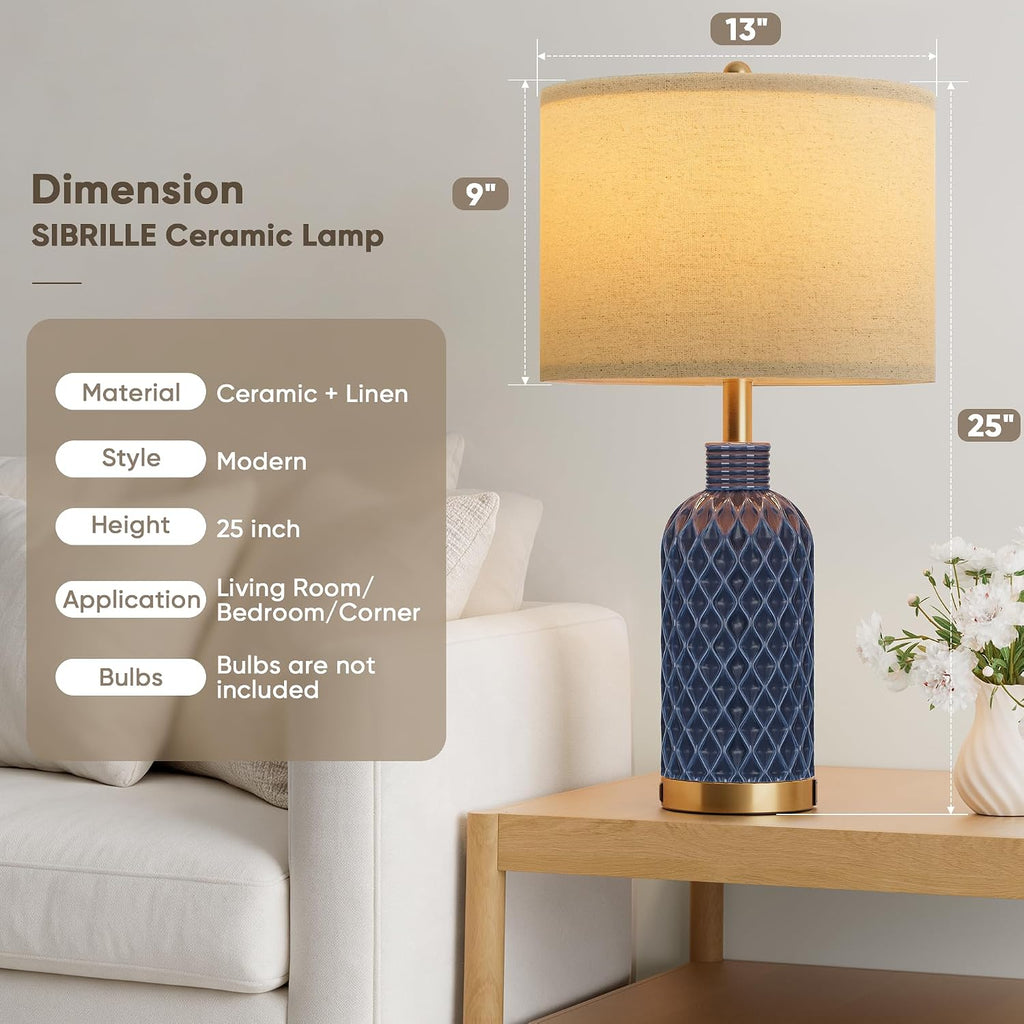 SIBRILLE 25" Ceramic Table Lamps Set of 2, Blue, USB-C/USB-A & AC Outlet