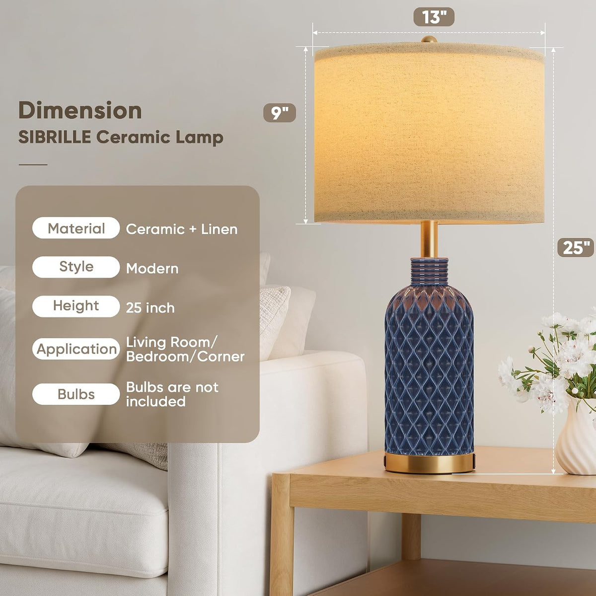 SIBRILLE 25" Ceramic Table Lamps Set of 2, Blue, USB-C/USB-A & AC Outlet