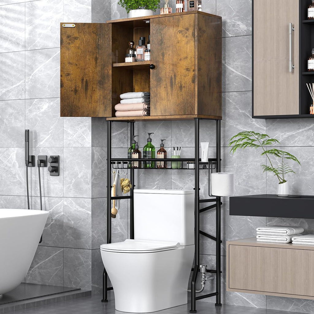 Over The Toilet Storage Cabinet - 2-Door Bathroom Organizer Shelf, Freestanding Space-Saver Toilet Rack with Privacy Protection, Water-Resistant Above Toilet Storage Cabinet for Small Bathrooms(Brown)