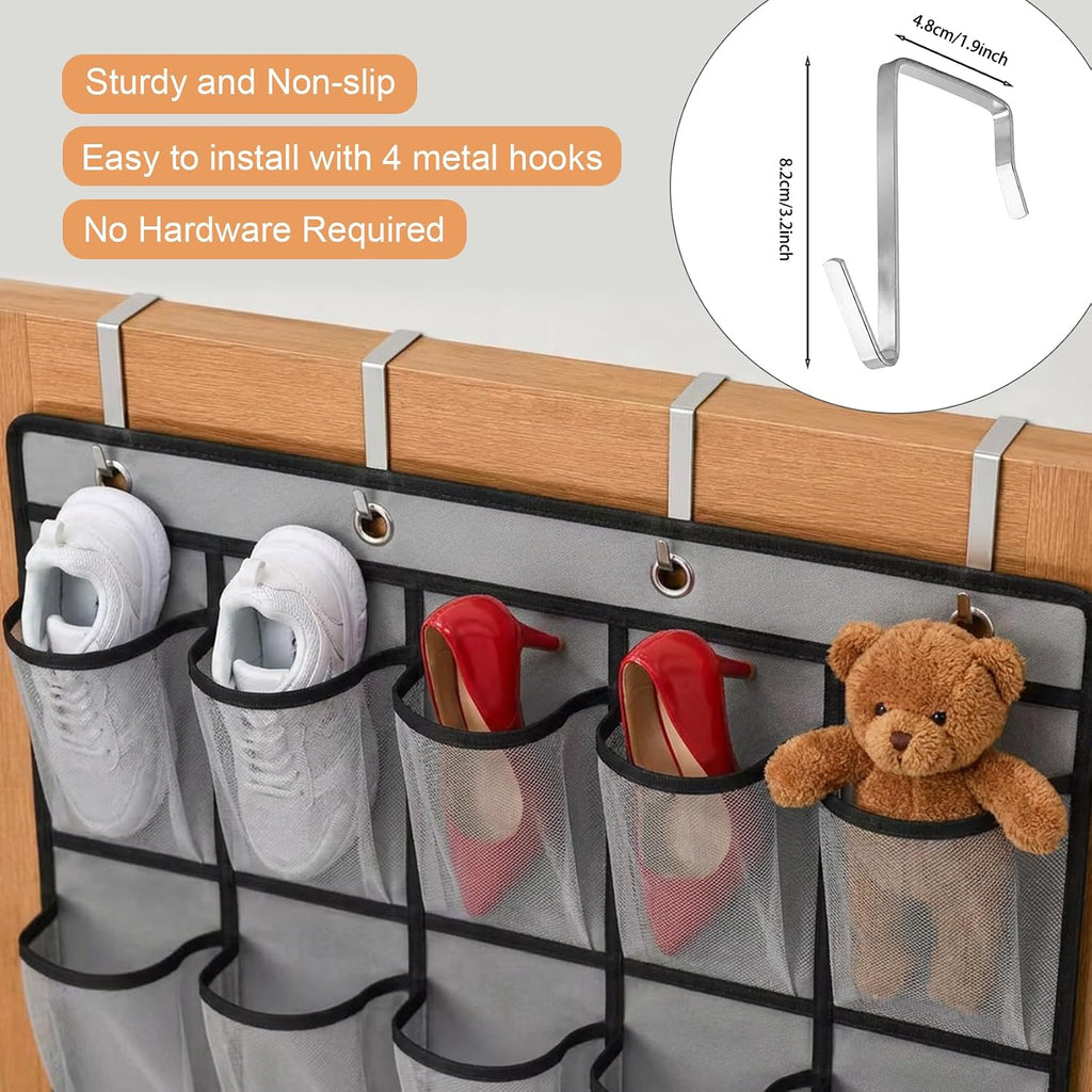 35 Pockets Over The Door Shoe Organizer, Large Breathable Mesh Hanging Shoe Rack with 4 Metal Hooks, Space Saving Gray Over Door Shoe Storage Holder Mesh Bag for Closet Entryway Bedroom Pantry