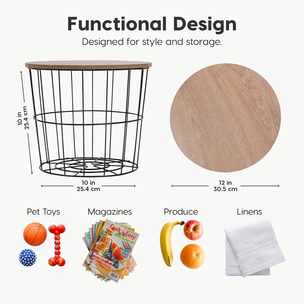 IRIS USA Round Wire Basket with Wooden Lid, 2 Pack