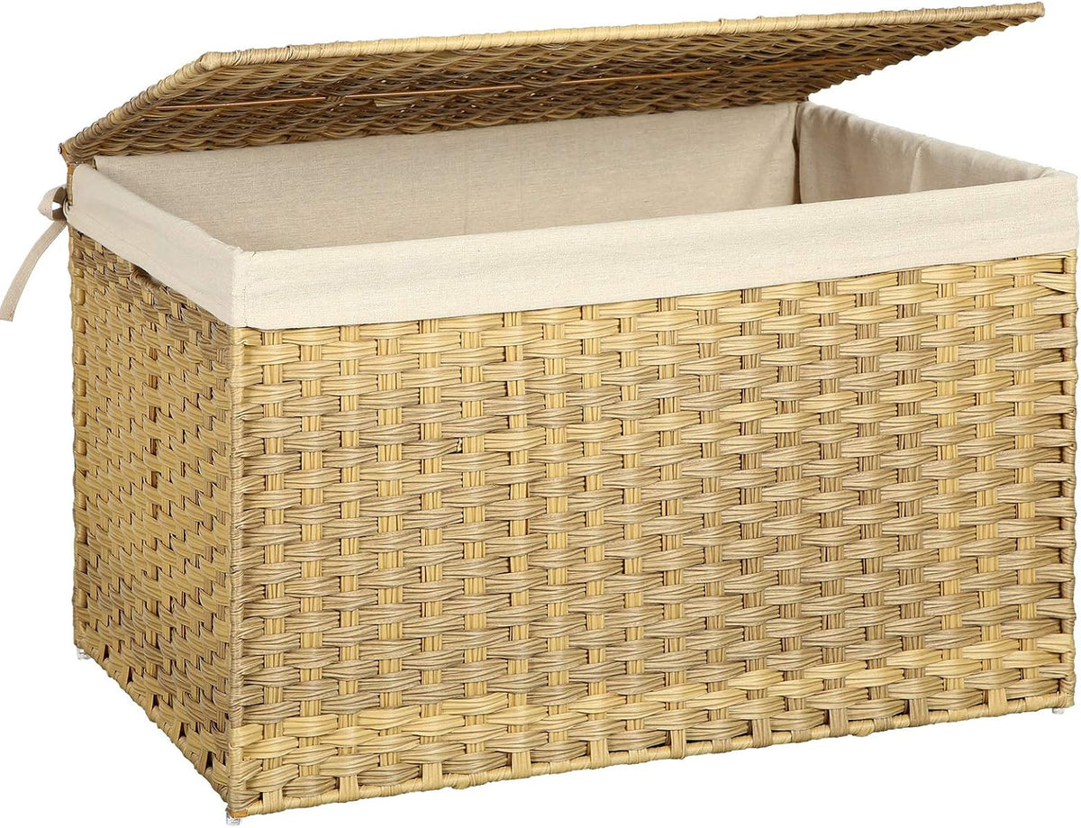 SONGMICS Woven Storage Basket with Lid, 42.3 Gallon (160L), Foldable