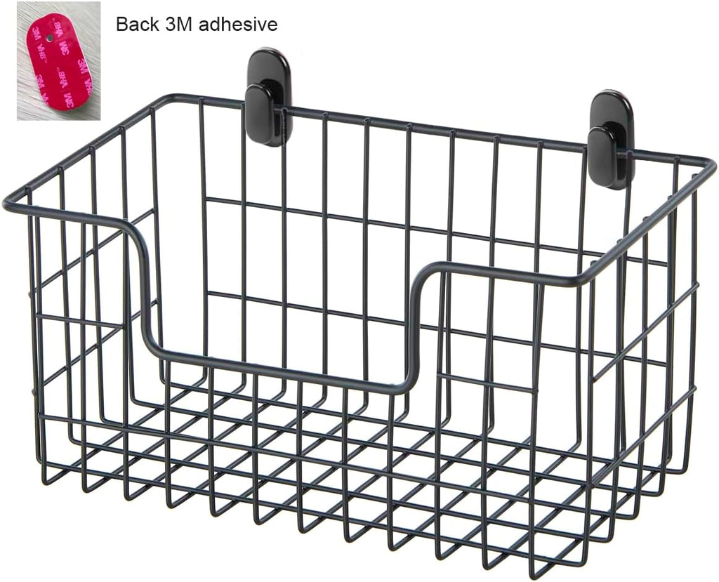 JUNCHU CHERRY Wire Storage Basket 2 Packs, Wall Mounted Kitchen Bathroom, Hanging Cabinet Door Storage Basket, no Drilling, Supporting 2 Types of Hooks, Strong Bearing, Suitable for Home, Black
