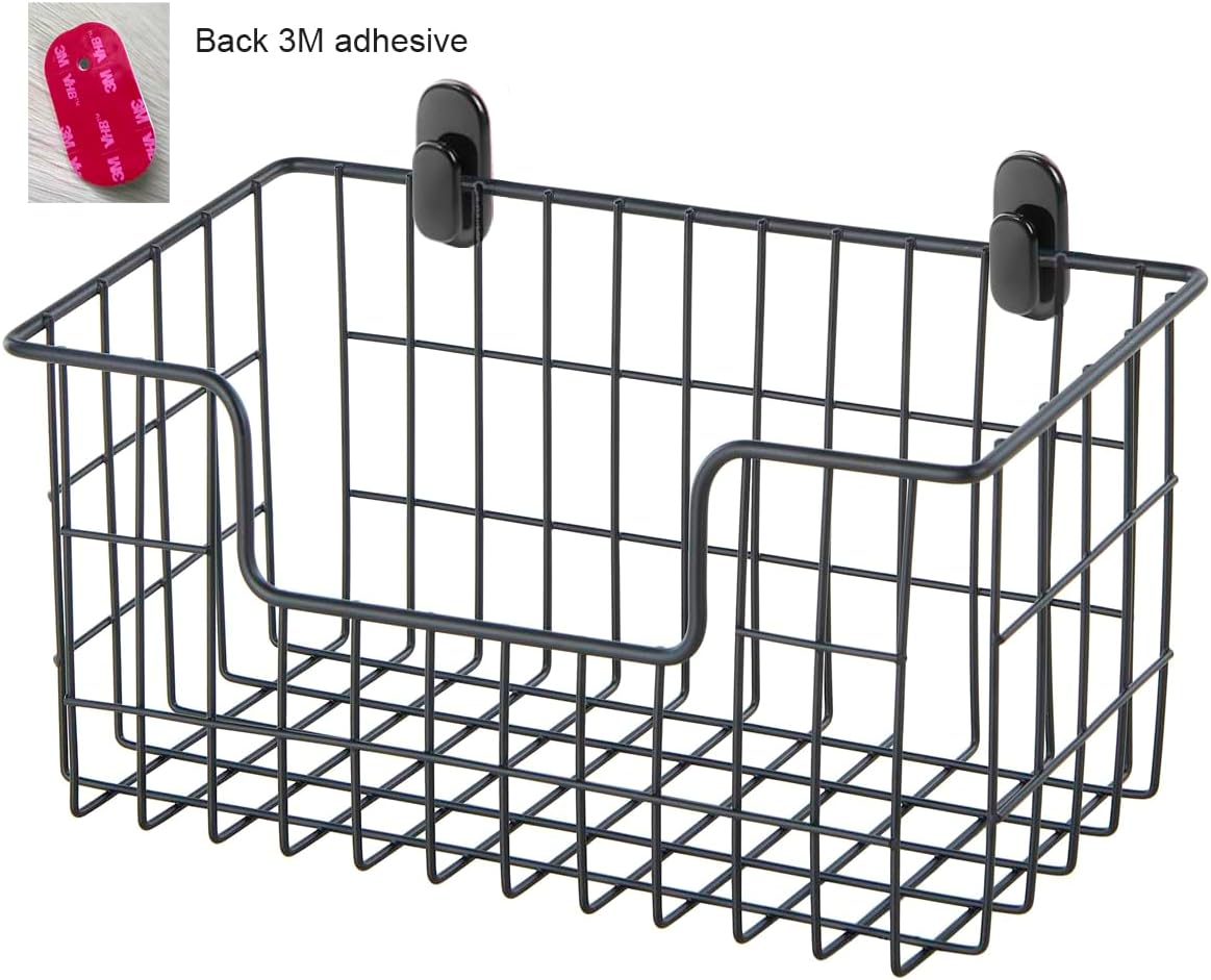 JUNCHU CHERRY Wire Storage Basket 2 Packs, Wall Mounted Kitchen Bathroom, Hanging Cabinet Door Storage Basket, no Drilling, Supporting 2 Types of Hooks, Strong Bearing, Suitable for Home, Black