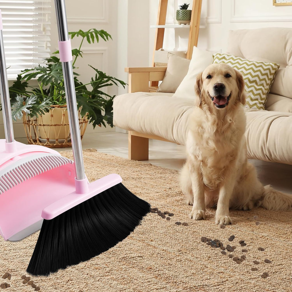 Broom with Dustpan Combo Set for Home, 52-in Long Adjustable Handle Angle Broom and Dustpan Set with Dustpan Comb Teeth for Sweeping Pet Hair Food Dirt Kitchen