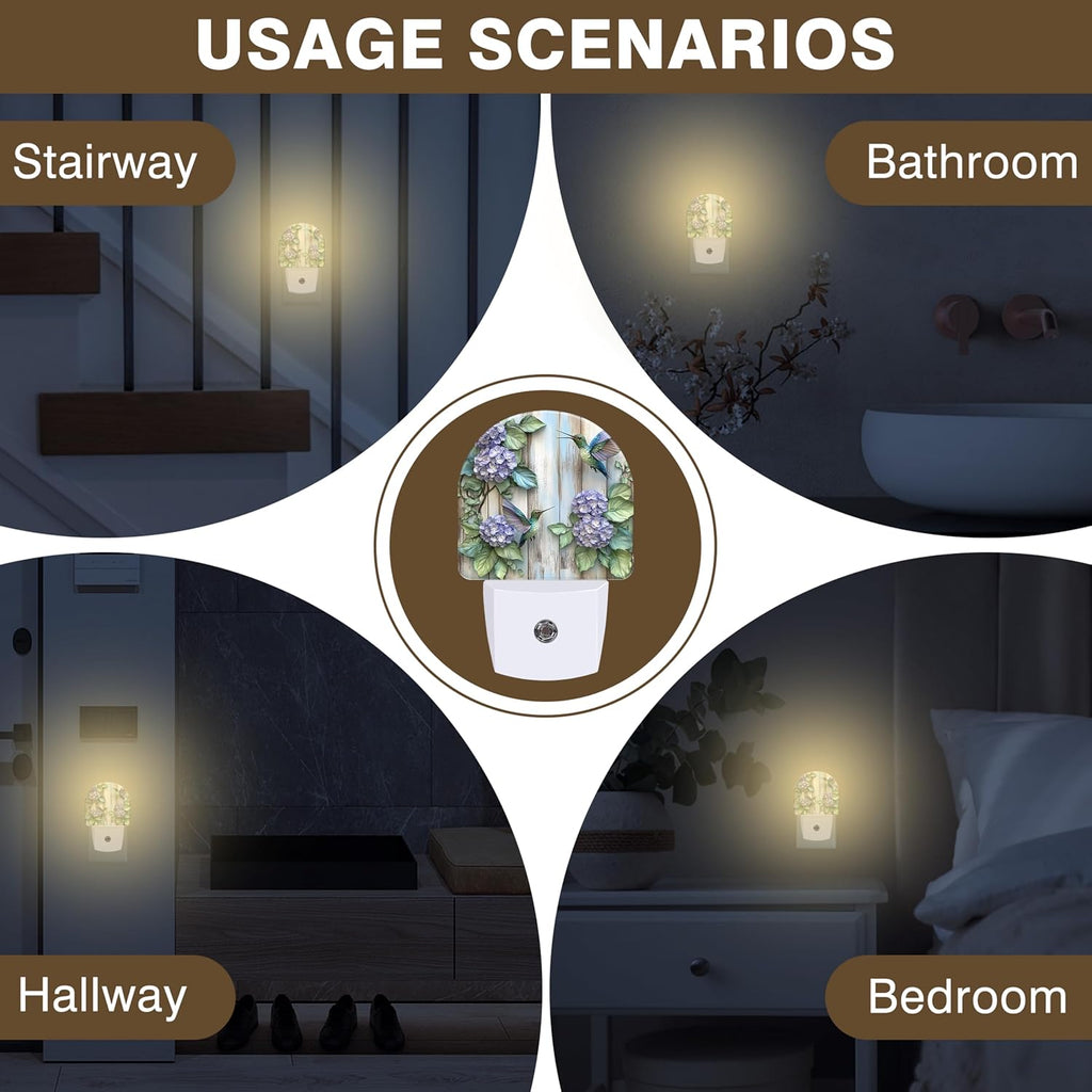 Night Lights Plug into Wall Hummingbirds and Hydrangea Flowers Night Light Dusk to Dawn Smart Sensor Decorative Round Led Lamp for Bedroom Kitchen Hallway Nightlight for Women Men