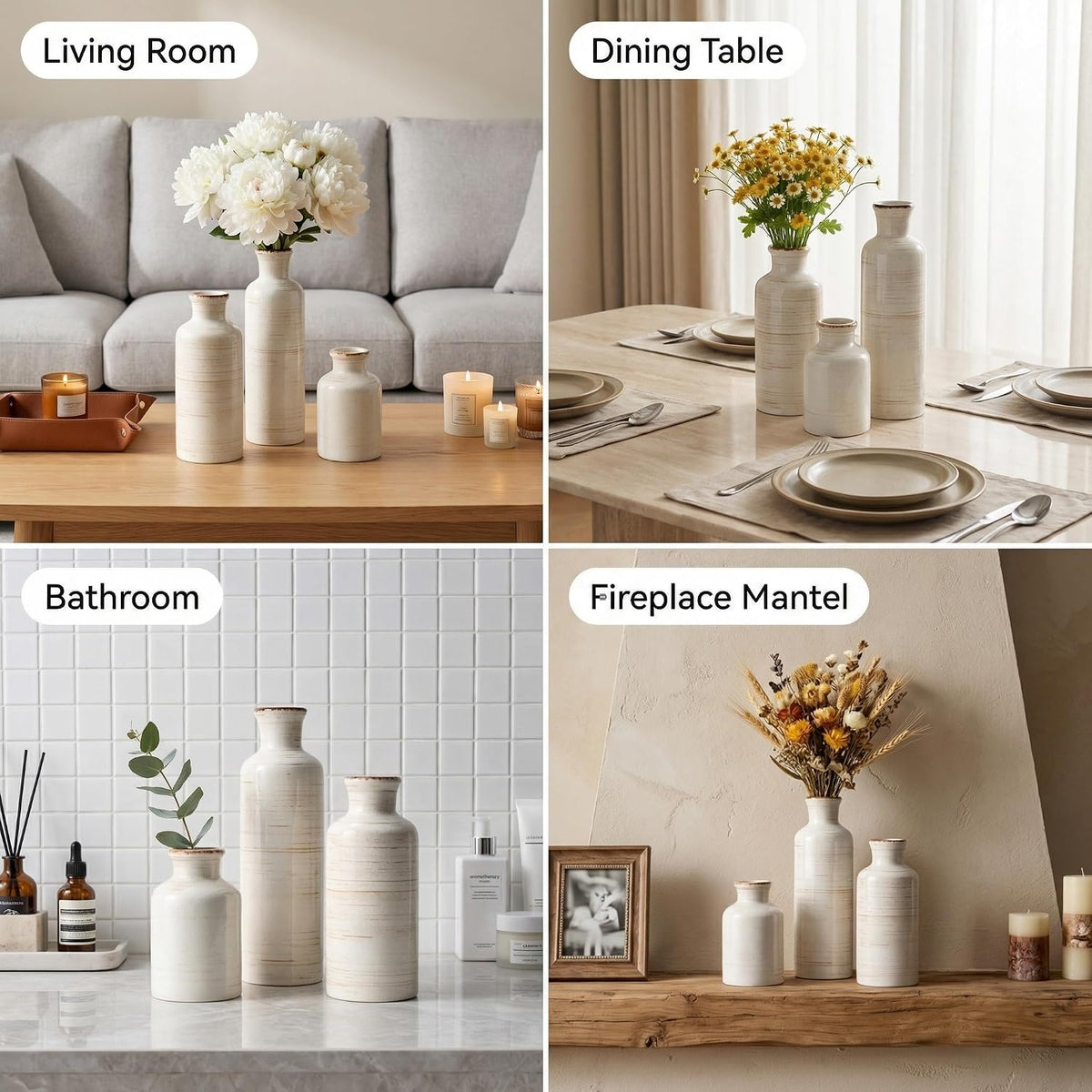 Vintage Ceramic Flower Vase Set of 3, Rustic Farmhouse Vase for Home Decor, Distressed Decorative Vase for Table Entryway Mantel Centerpiece Living Room Bathroom Bedroom (Linen Off-White)